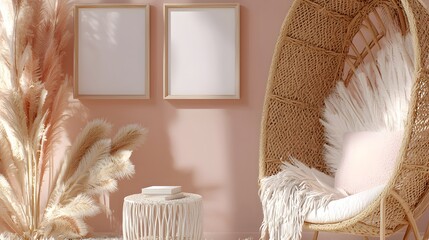 Cozy, Bohemian-Inspired Interior with Rattan Furniture and Pastel Accents in Relaxing Space