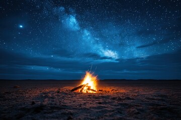 An isolated campfire crackles softly in the serene desert, surrounded by endless stars illuminating the night sky