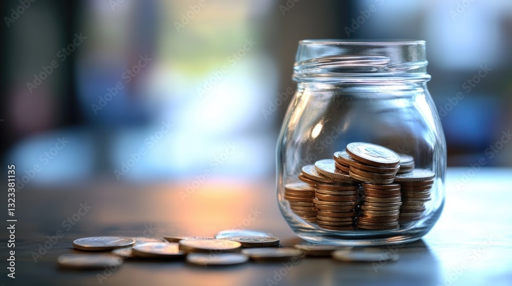 Poster a jar filled with coins sitting on a table