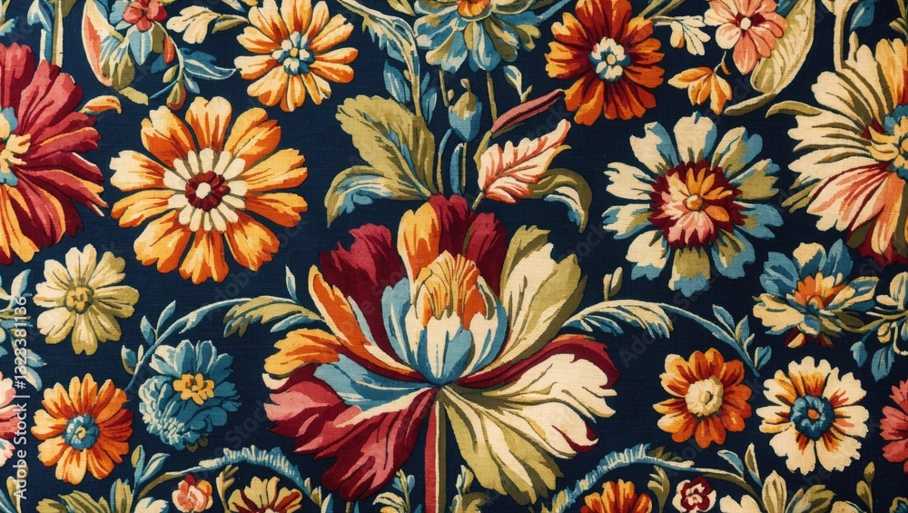 Poster vintage tapestry fabric close-up showcasing a vibrant multicolored floral design on a deep navy back