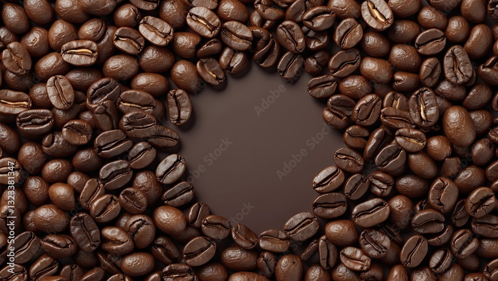 Poster Brown coffee beans arranged in a circular pattern with a dark center for copy space, ideal for design elements or text overlays.