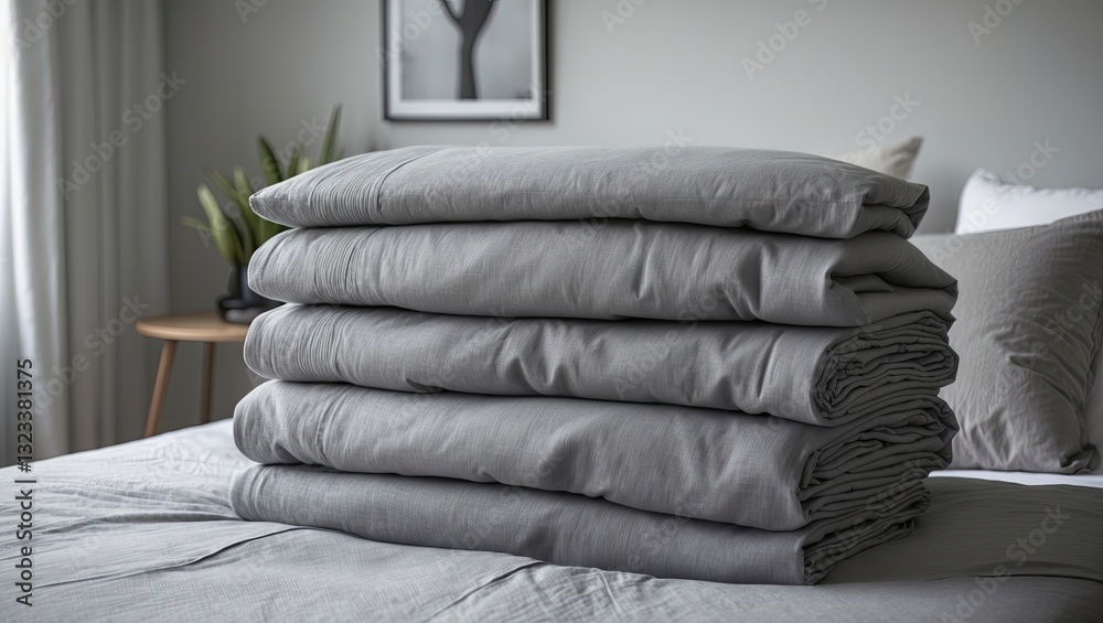 Poster minimalist grey bed linen stack on a neatly made bed, featuring soft textures and a calm ambiance, i