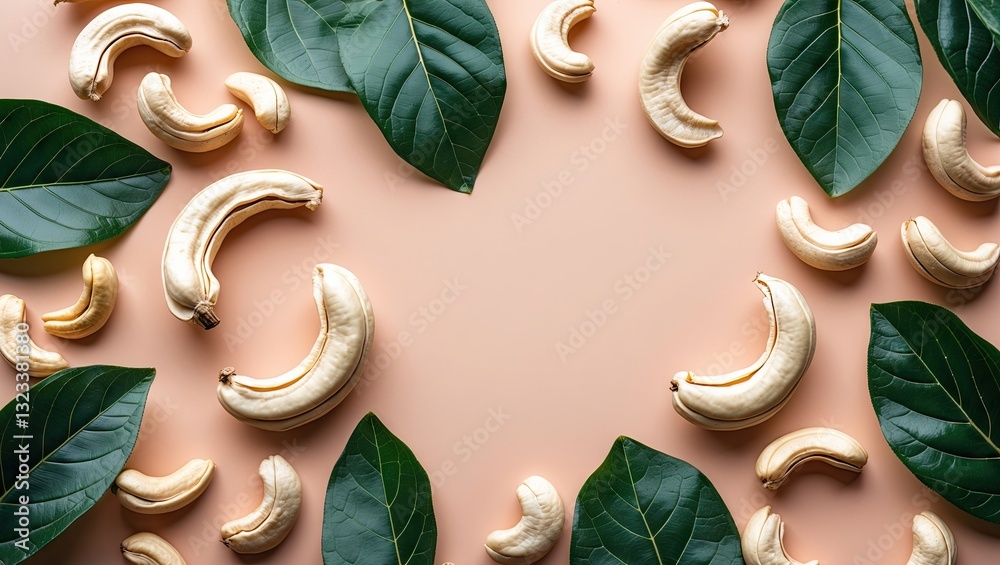 Poster Cashew nuts arranged in a circular pattern with lush green leaves on a soft pastel peach background with ample copy space for text.