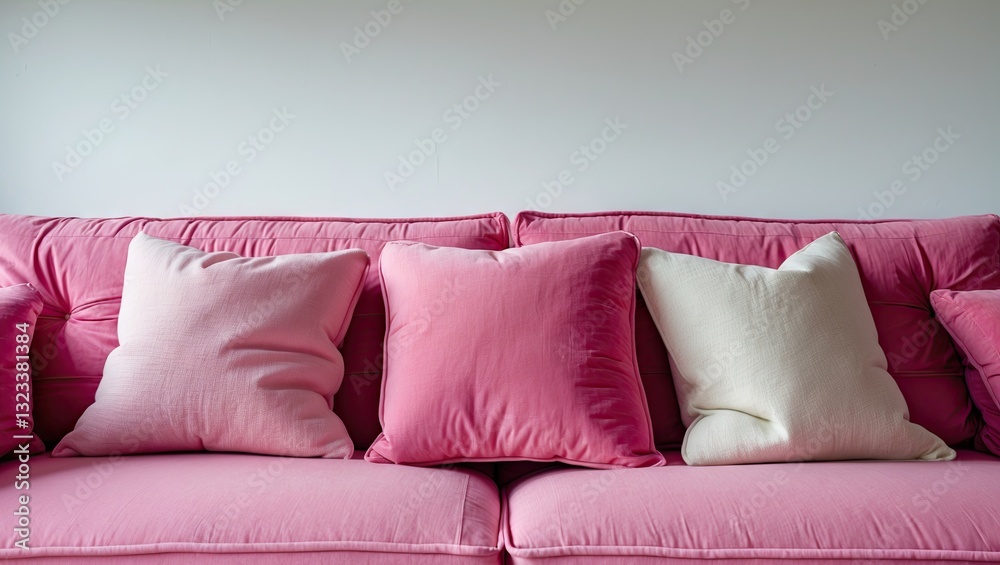 Poster pink sofa with various cushions including white ones arranged neatly against a bright white backgrou