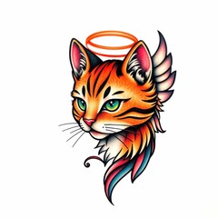 Fototapeta premium Feline Angel Illustration: A captivating illustration of a cat with a halo and feathered wings, exuding an aura of serenity and celestial beauty.