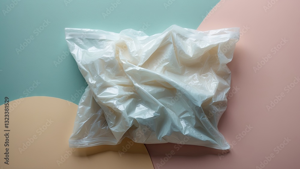 Poster crumpled white plastic bag centered on a soft pastel blue and pink background with a round beige ele