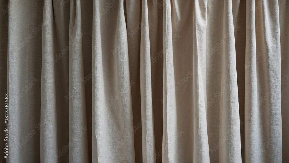 Poster Soft beige curtain fabric with gentle pleats, draping elegantly in vertical lines, creating a warm, inviting atmosphere in natural light.