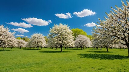 Obraz premium A beautiful spring landscape with blossoming trees scattered across a lush green field under a vibrant blue sky