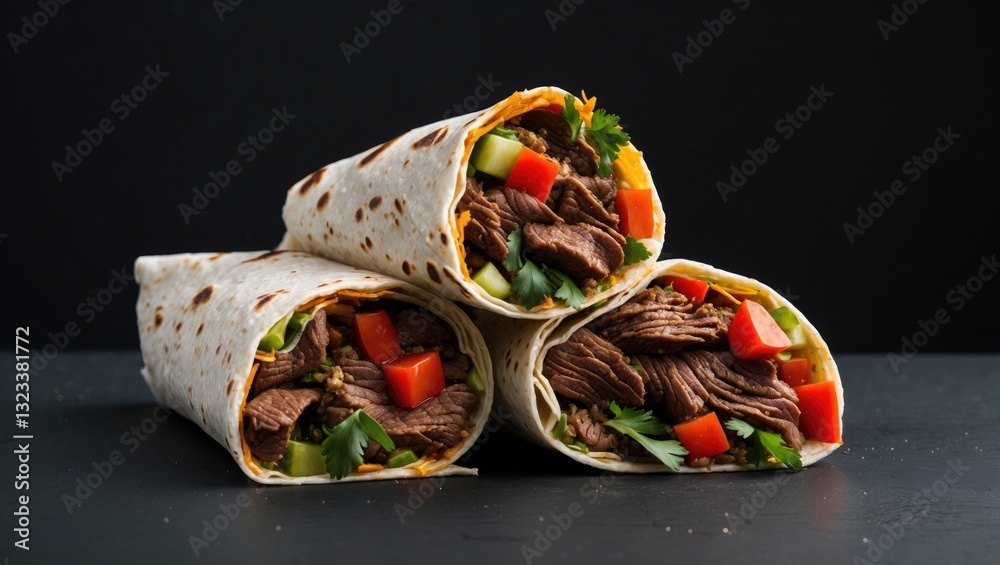 Poster beef burritos filled with fresh vegetables arranged on a black background with ample copy space for 