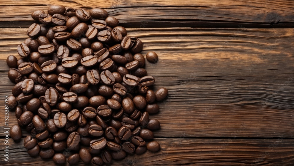 Poster dark roasted coffee beans scattered on a textured wooden background, creating a natural space on the
