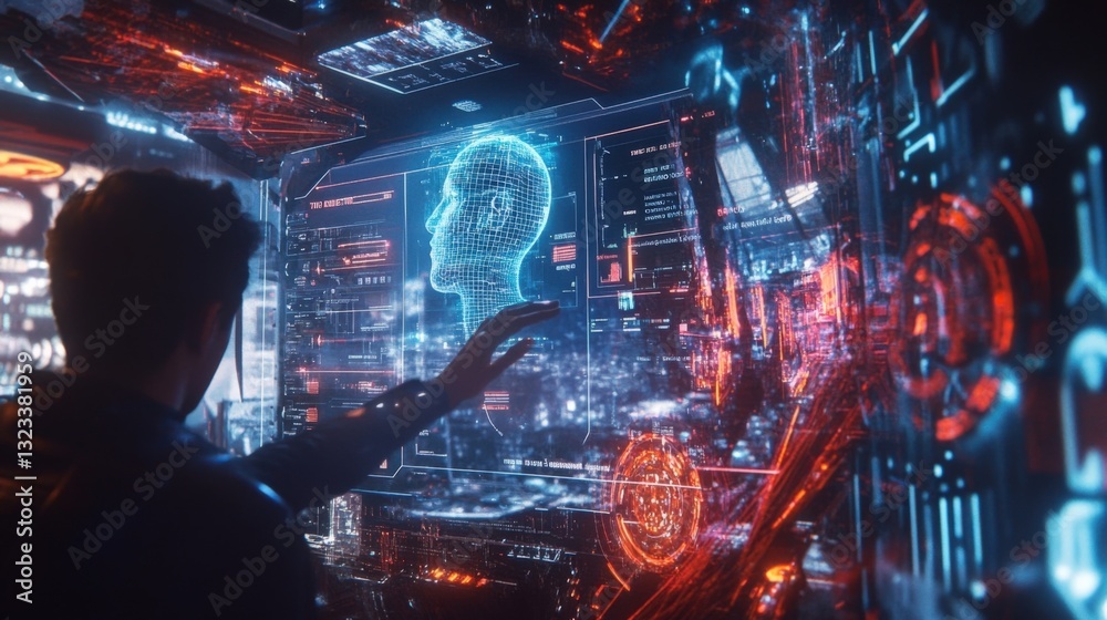 Poster programmer is interacting with a holographic head and a futuristic interface, working on a complex p
