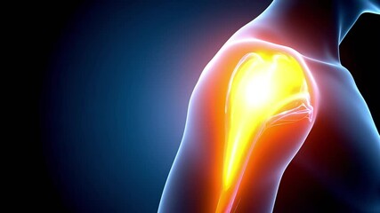 Medical human figure of right shoulder muscle pain with red highlights marked the inflammation or injury, muscle scan model 3D rendering graphic for Gout analysis