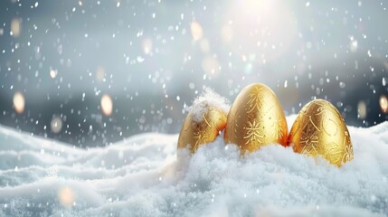 Three golden Easter eggs in the snow, an Easter background with copy space for text, snow falling, Easter theme.