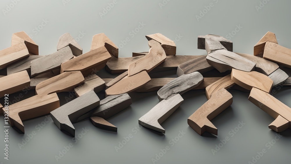 Aufkleber abstract arrangement of wooden pieces in various shades of light brown and gray, scattered on a soft