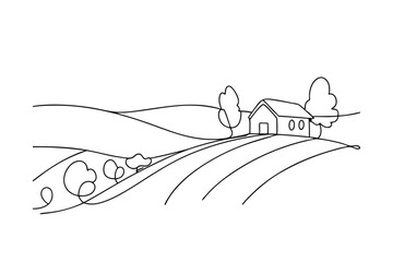 Ado Rolling Hills Farm Landscape Simple Line Drawing of House, Trees, and Fields