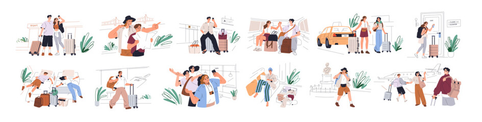 Tourists travel, set. People with suitcases, luggage at airport, taxi, hotel room, sightseeing, photo. Vacation trip, holiday journey scenes. Flat vector illustrations isolated on white background