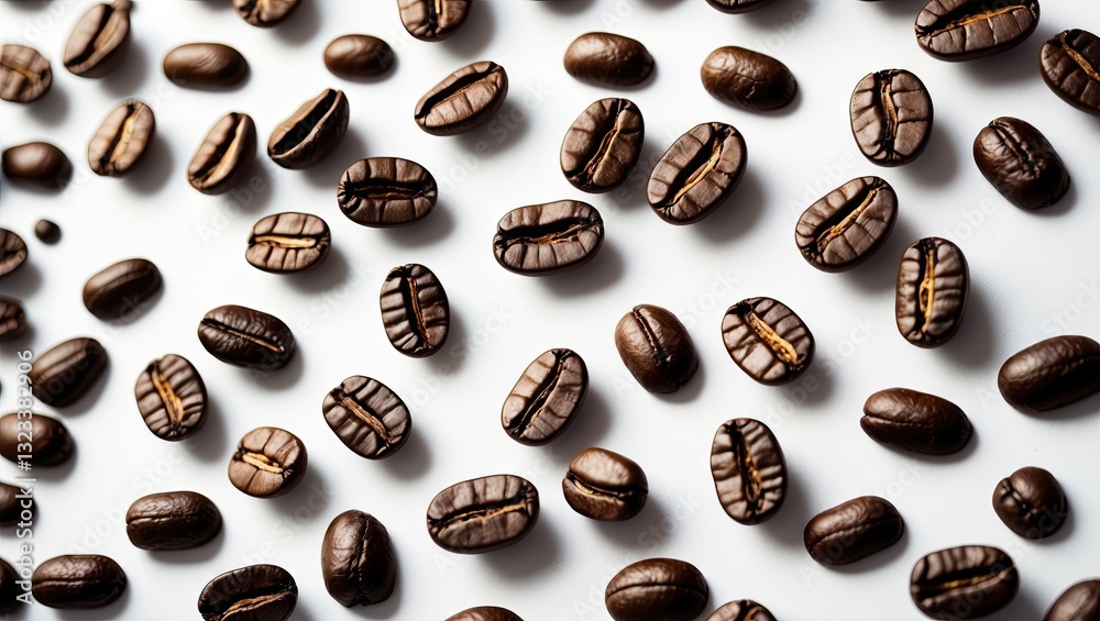 Poster Brown coffee beans scattered across a white background, creating a textured pattern with varying orientations and sizes for a dynamic look.