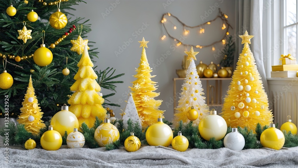 Aufkleber festive yellow christmas tree ornaments in various shapes arranged on a soft surface with green garl