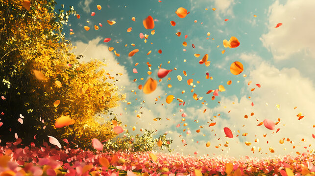 
A vibrant springtime scene with Palash and Shimul petals floating in the air, carried by the gentle Phalgun breeze,
