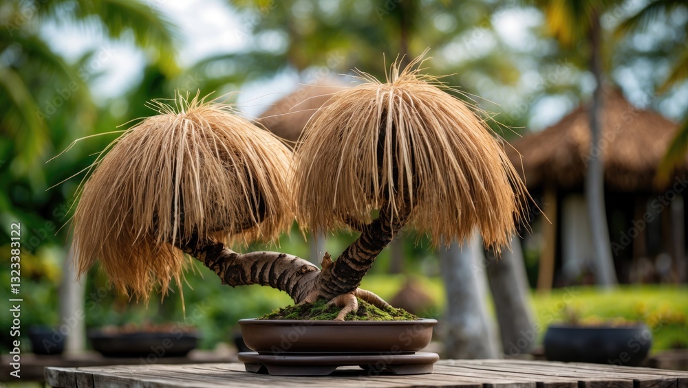 Poster bonsai coconut trees with unique crown shapes are showcased in a natural green setting with blurred 