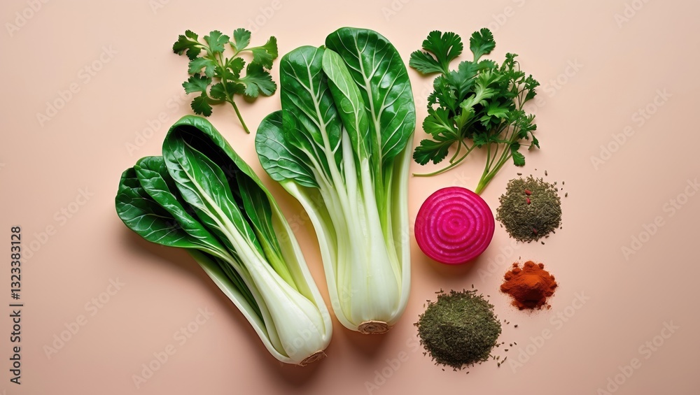 Poster Composition of fresh bok choy and coriander with red radish and assorted spices on a soft pastel background, arranged in an inviting top view layout.