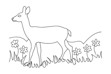 Line drawing of a deer in a meadow with flowers
