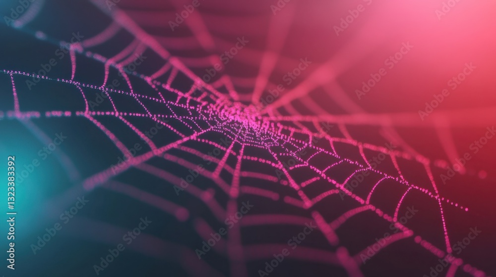 Wall mural close-up view of a colorful spider web with intricate patterns and beautiful light effects on a dark