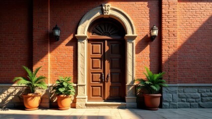 Sunlit brick facade with arched entryway and double wooden doors, flanked by potted plants and wall-mounted lanterns