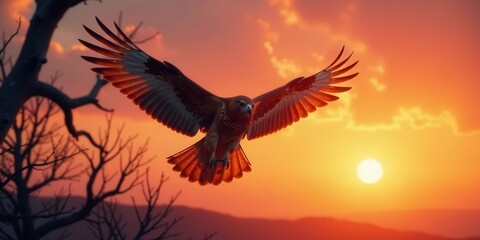 Majestic hawk in flight against a vibrant sunset sky, silhouetted branches in the foreground