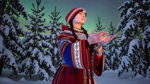 A Young Indigenous Woman in Traditional Sami Clothing Stands in a Snowy Forest Under the Northern Lights in Lapland, Finland, Embracing the Winter Wonder