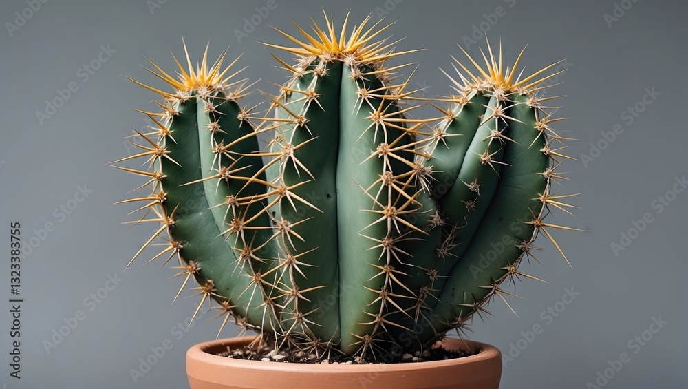 Poster three tall green cactus plants with long yellow thorns in a round clay pot centered against a soft g