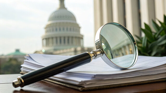 Close-up of a magnifying glass over a stack of official documents on a wooden desk, symbolizing scrutiny and transparency in legal or investigative processes.