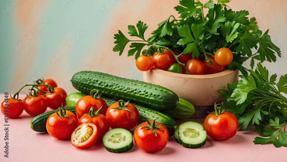Poster vibrant red cherry tomatoes and fresh cucumbers with parsley arranged artistically on a pink surface