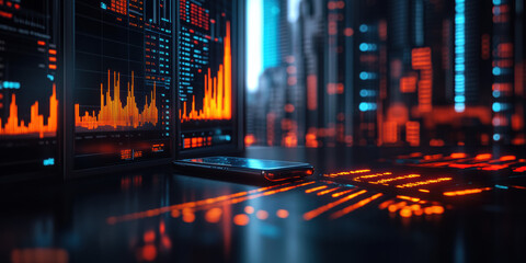 Analyzing data trends in a futuristic cityscape urban environment digital art night view technology concept