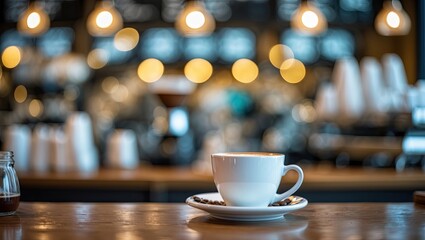 Warm tones of a coffee cup and saucer on a brown wooden table with a blurred, bokeh cafe backdrop featuring soft golden lights.