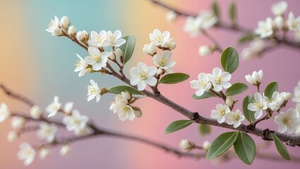 Obraz premium Delicate close-up of small white flowers blooming on a slender branch centered against a soft pastel gradient background in spring hues.