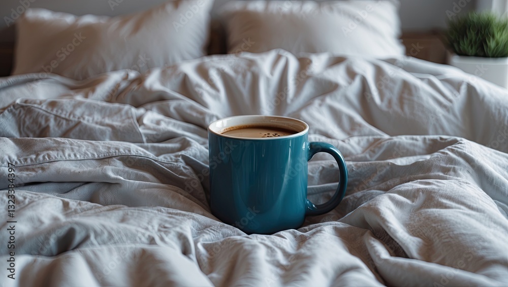 Poster teal coffee mug resting on crumpled light gray bedding with two soft pillows in the background and a