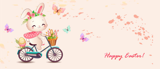 Cute Easter bunny on a bicycle. Banner design template -Happy Easter
