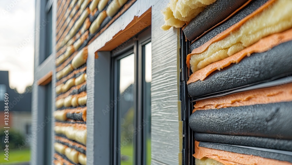 Poster Close-up view of insulated wall featuring layers of yellow and black foam with grey window frames highlighting construction detail and texture.