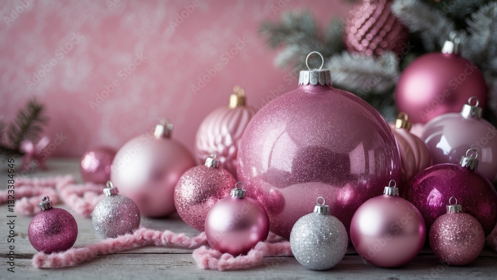 Aufkleber pink christmas ornaments assorted in sizes arranged on a rustic wooden surface with a soft pink back