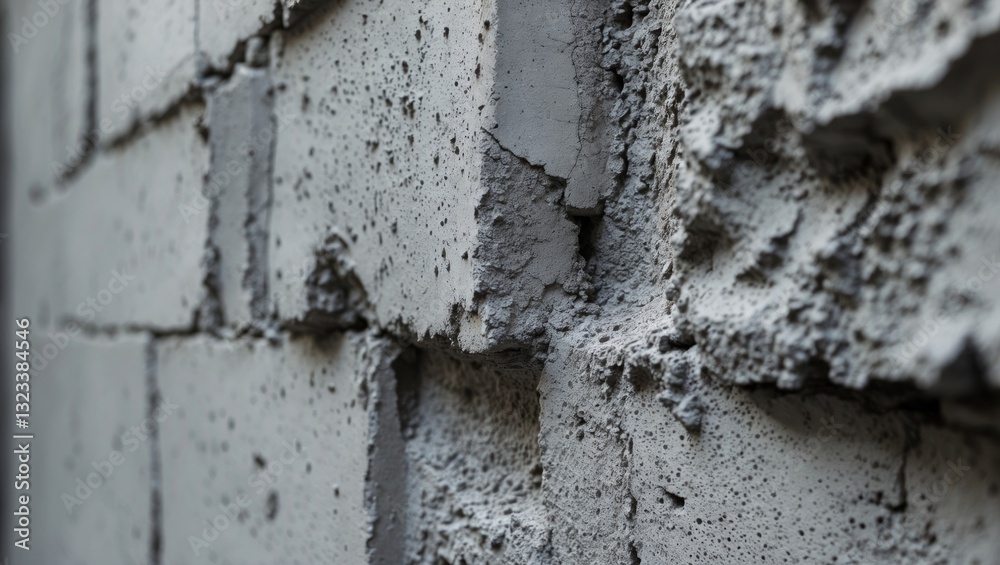 Aufkleber Detailed close-up of a textured rough cement masonry wall showcasing various shades of gray with uneven surfaces and joint patterns prominently displayed.