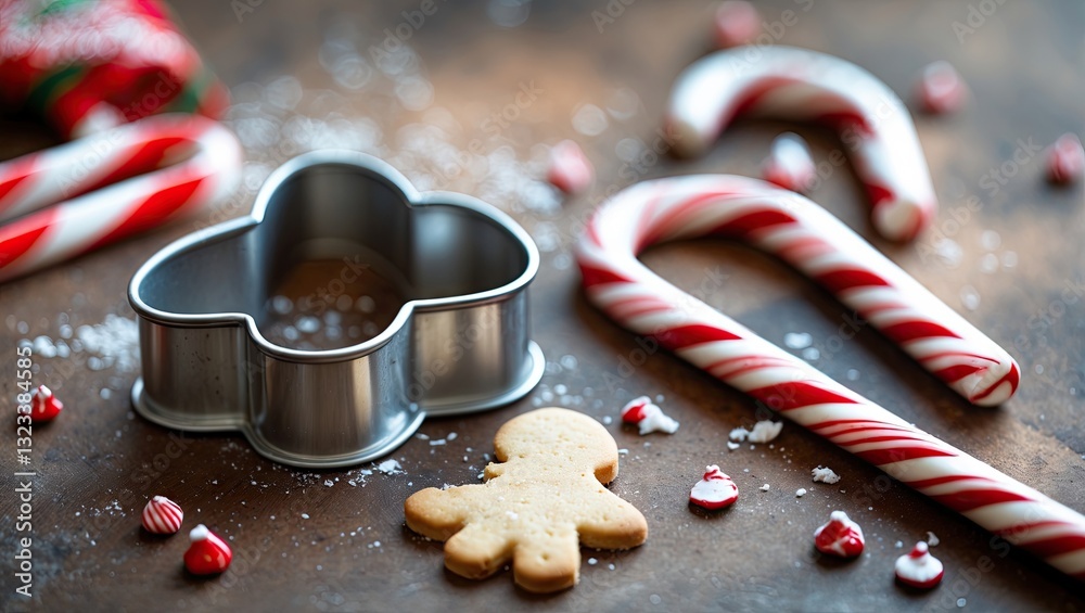 Poster gingerbread cookie cutter in a silver color positioned center with red and white candy canes and sca