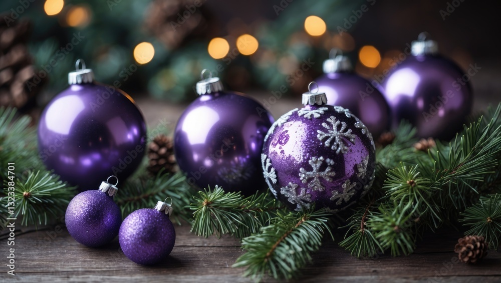 Aufkleber purple christmas ornaments arranged amidst pine branches with warm bokeh lights in the background cr