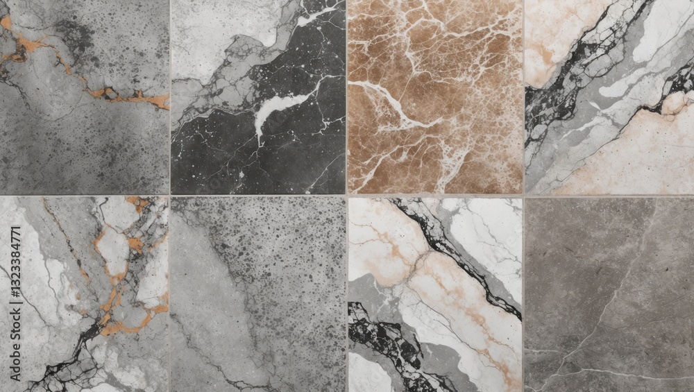 Aufkleber Elegant marble texture tiles featuring a blend of gray, black, and beige tones arranged in a geometric pattern creating visual harmony.