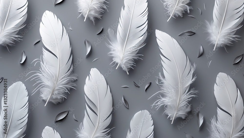 Leinwandbilder Elegant composition of white feathers scattered on a soft gray background with delicate black accents creating a serene and minimalist aesthetic.