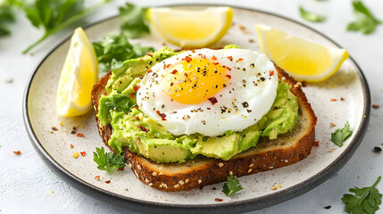 Delicious Avocado Toast with Poached Egg and Lemon Garnish on a Stylish Plate