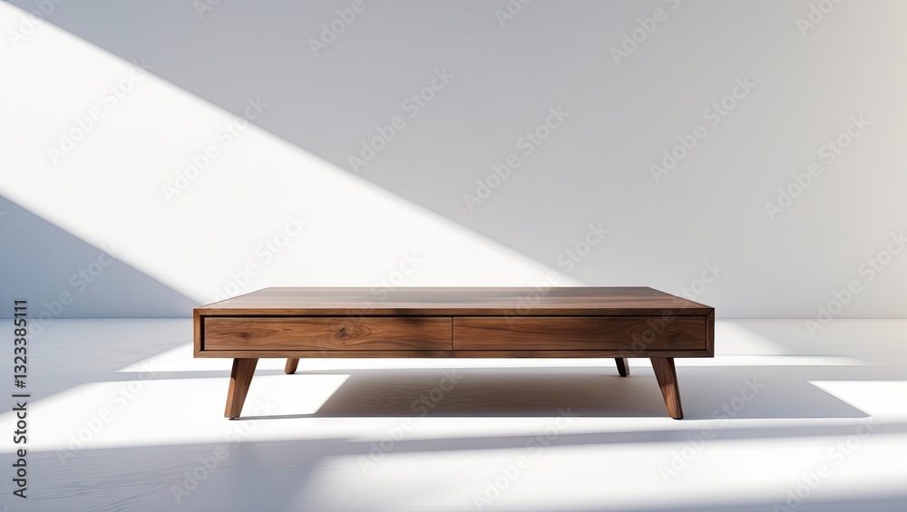 Leinwandbilder elegant wooden coffee table with two drawers positioned at center on a white background, illuminated
