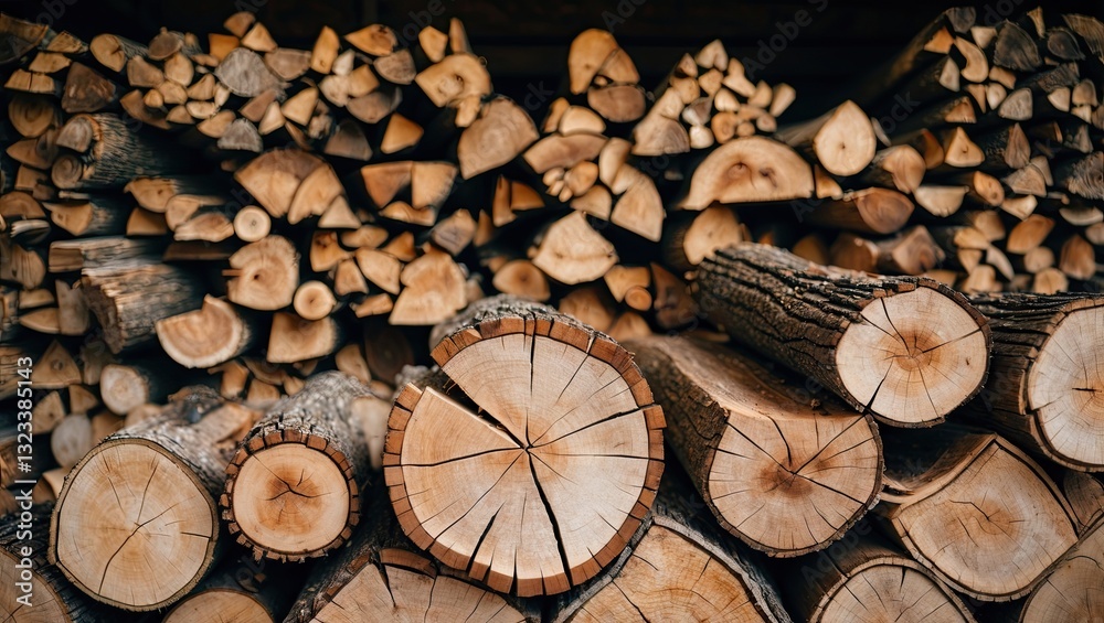 Leinwandbilder cross section of timber in the foreground with a stacked firewood background featuring varying shade