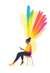 Fototapeta premium A woman is sitting on a chair and looking at her cell phone. The image has a bright and colorful feel to it, with the woman's outfit and the chair's color adding to the overall cheerful atmosphere