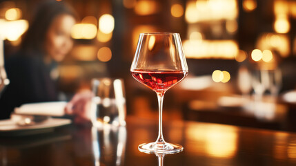 Elegant Rose Wine at Restaurant: A striking image of a crystal wine glass, filled with vibrant rose wine, sits on a polished surface.